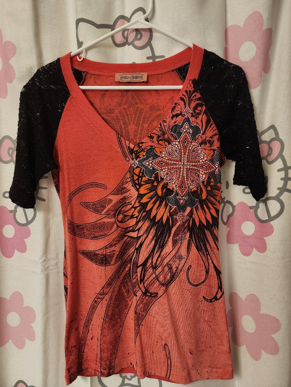 Angels & Diamonds Red V-Neck Graphic Tee with Black Raglan Sleeves